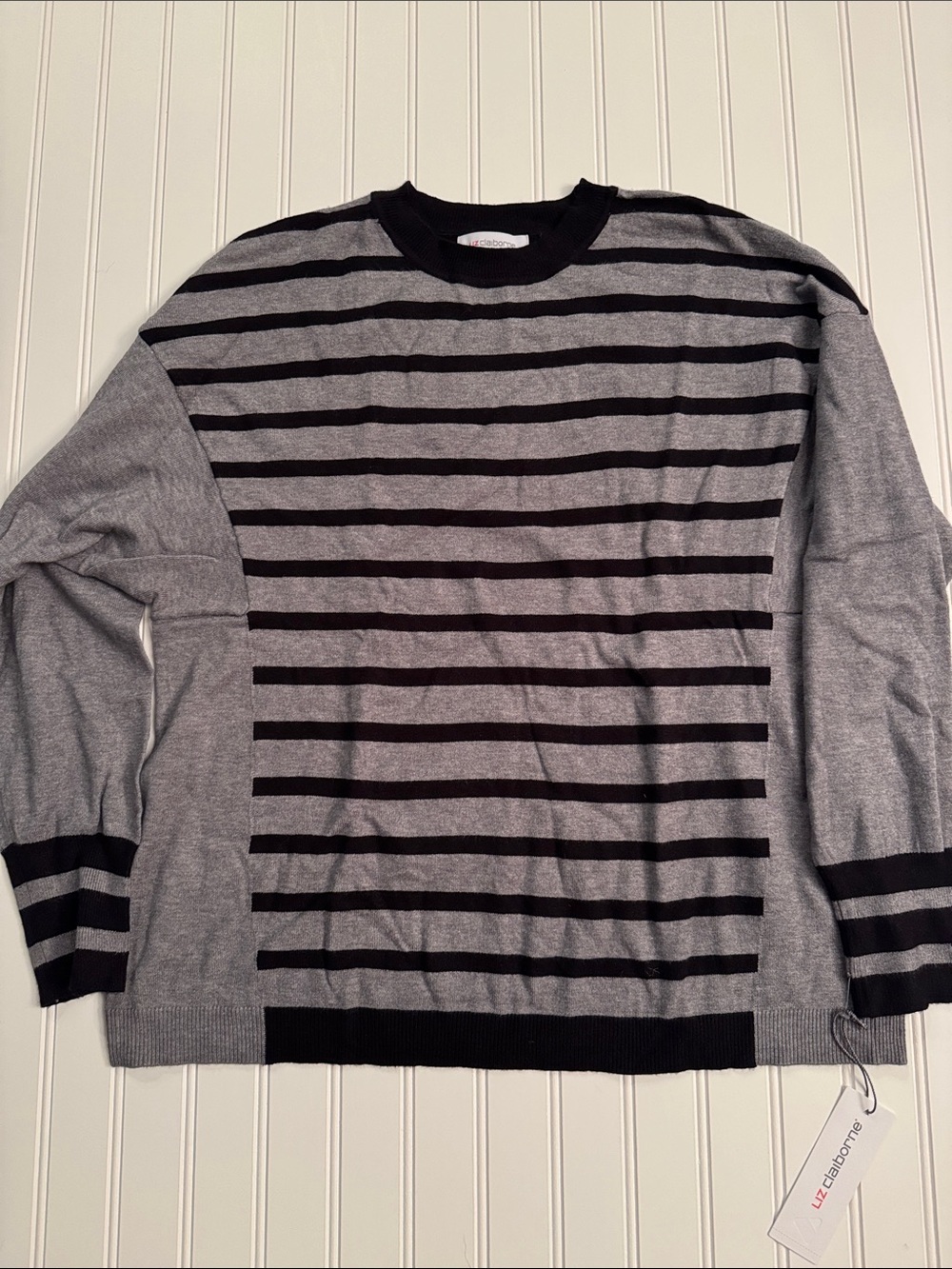 Liz Claiborne NWT Gray Black Striped Crewneck Sweater XXL Soft Lightweight